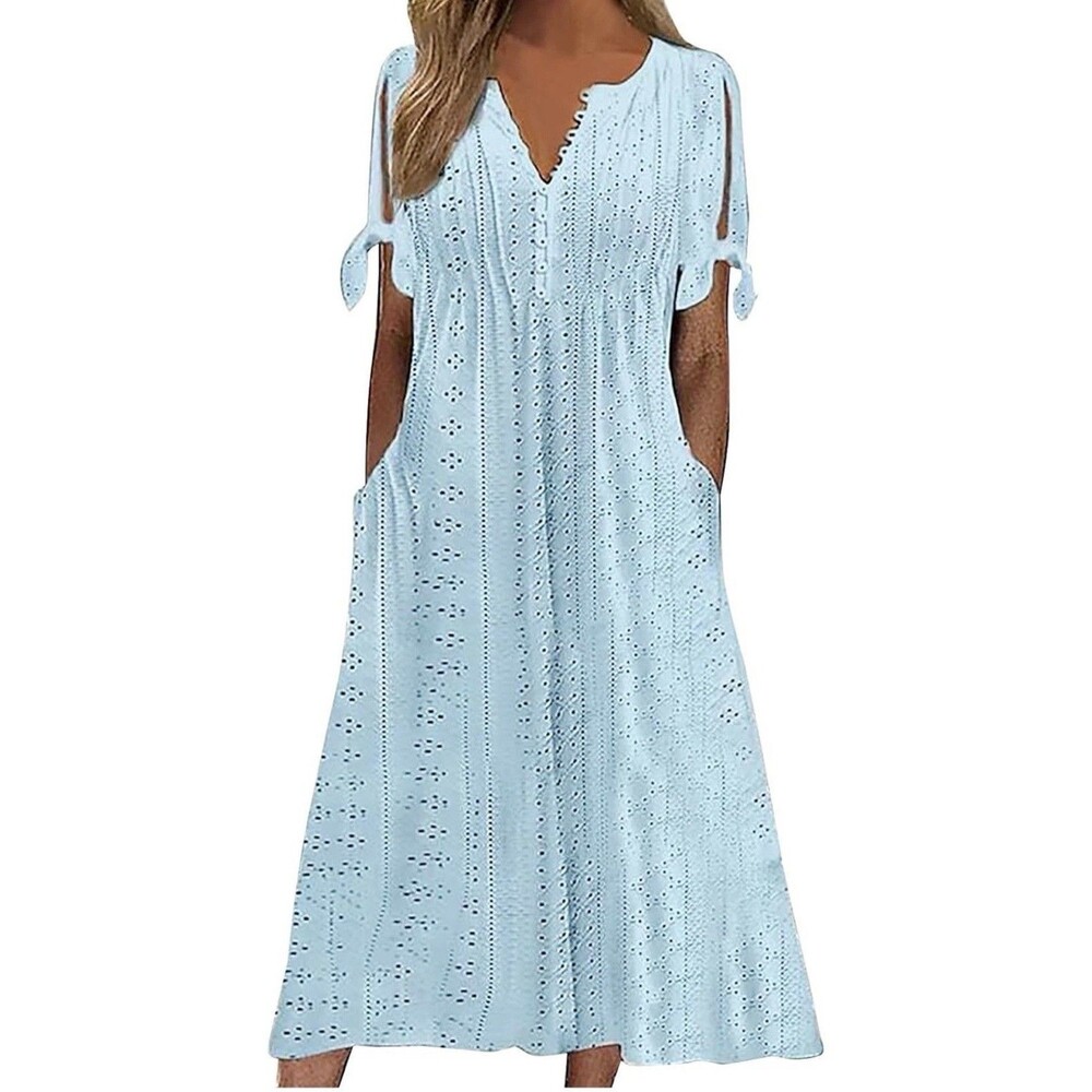 Women’s V-Neck Button Down Eyelet Flowy Pleated Maxi Dress Sz XL